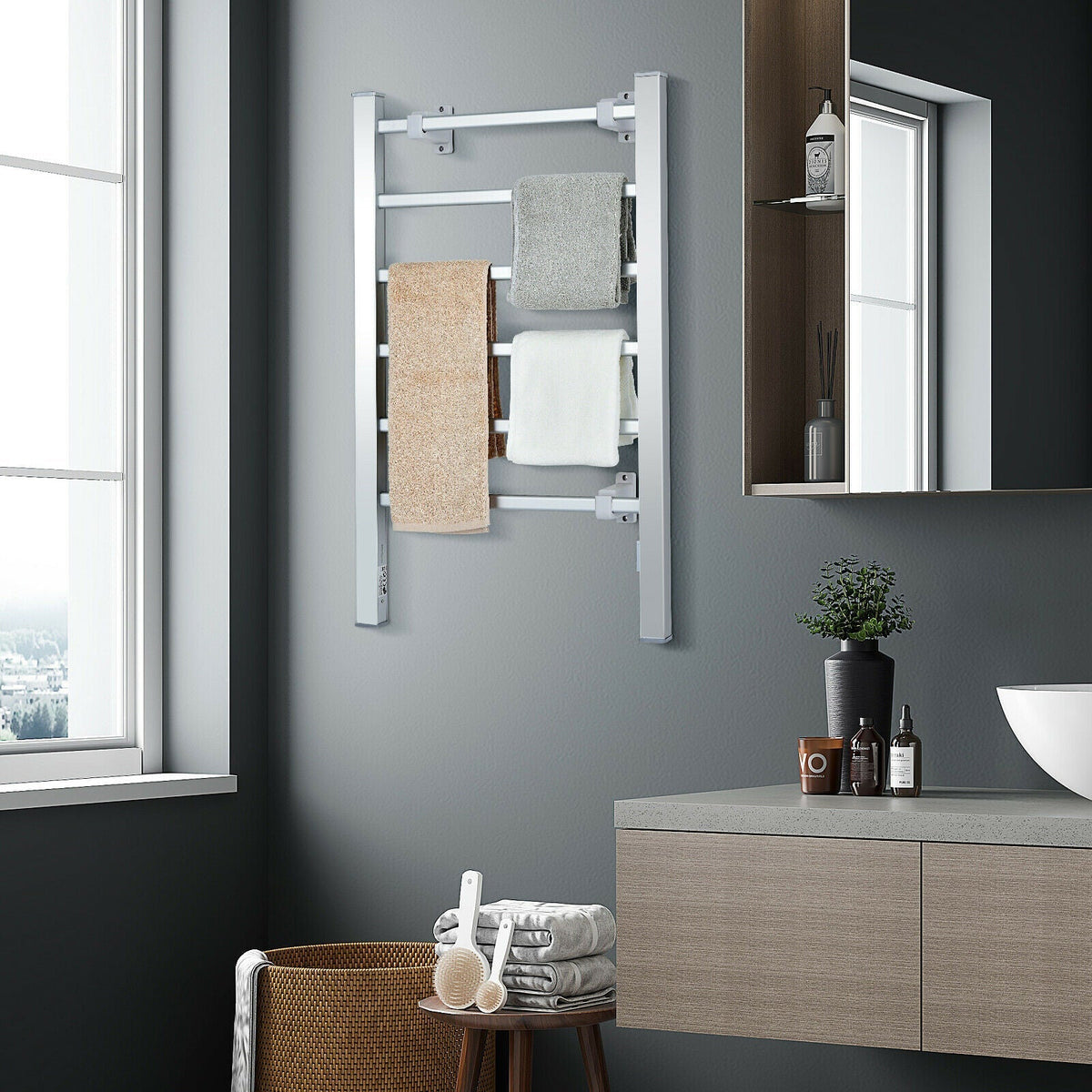 Heated Towel Rack | Freestanding or Wall-Mount Aluminum Warmer, 100W | Holds 6 Towels, 113 to 122°F