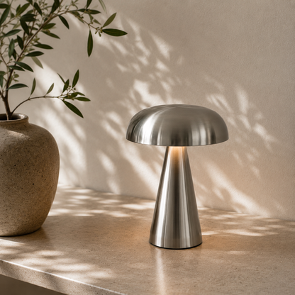 Brushed Metal Mushroom Lamp | Cordless Rechargeable LED, 8.1 in | Touch Dimming Bedside Lamp, Gold or Silver