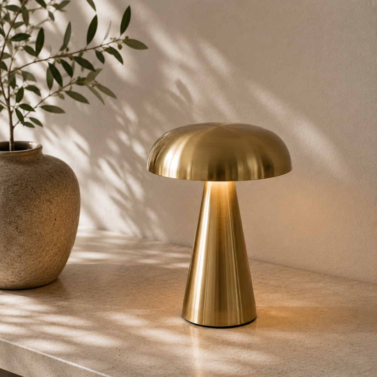Brushed Metal Mushroom Lamp | Cordless Rechargeable LED, 8.1 in | Touch Dimming Bedside Lamp, Gold or Silver