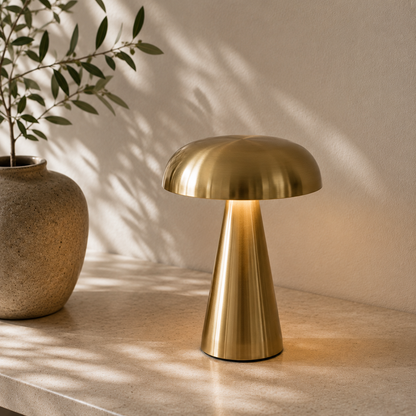 Brushed Metal Mushroom Lamp | Cordless Rechargeable LED, 8.1 in | Touch Dimming Bedside Lamp, Gold or Silver