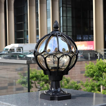 Outdoor Globe Pillar Light | Retro Glass Shade with Copper Base | IP54 Weather-Resistant Design