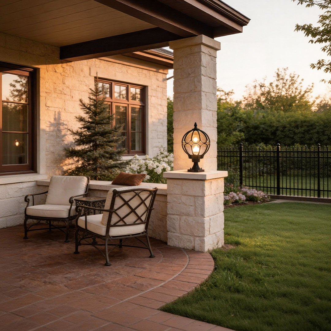 Outdoor Globe Pillar Light | Retro Glass Shade with Copper Base | IP54 Weather-Resistant Design