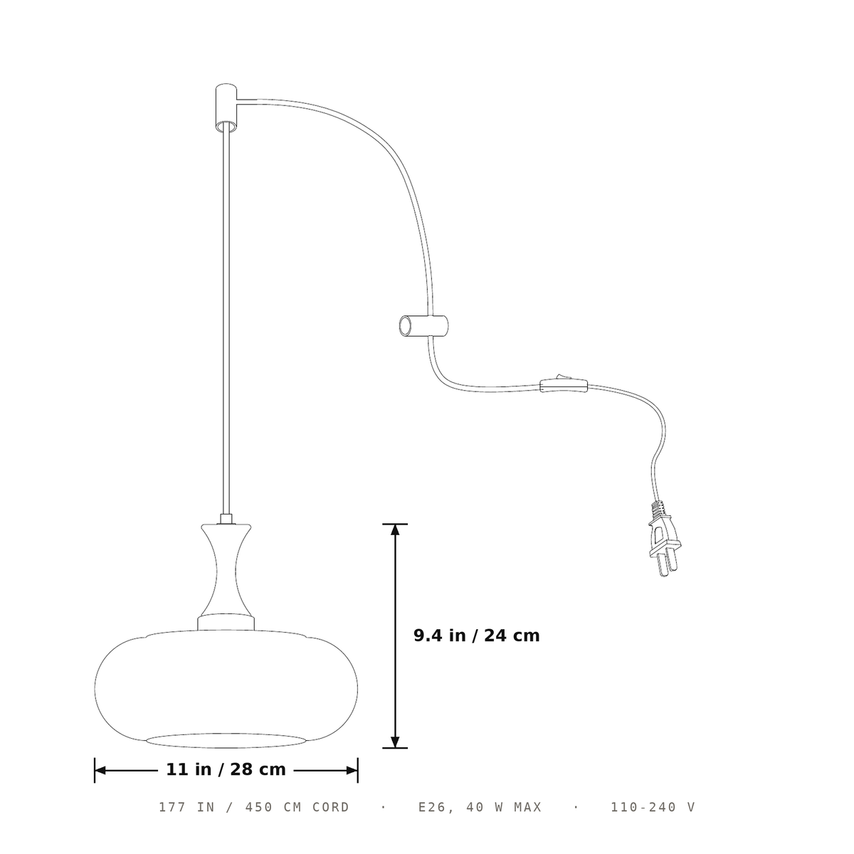 Plug-In Pendant Light | 11 in Tinted Glass Shade on a Turned Wood Stem | 177 in Cord, In-Line Switch, E26