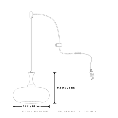 Plug-In Pendant Light | 11 in Tinted Glass Shade on a Turned Wood Stem | 177 in Cord, In-Line Switch, E26