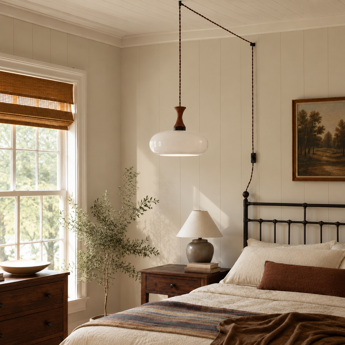 Plug-In Pendant Light | 11 in Tinted Glass Shade on a Turned Wood Stem | 177 in Cord, In-Line Switch, E26