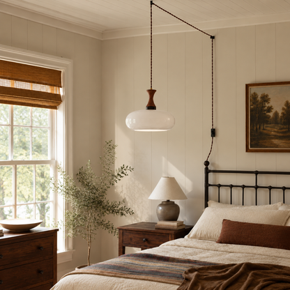 Plug-In Pendant Light | 11 in Tinted Glass Shade on a Turned Wood Stem | 177 in Cord, In-Line Switch, E26