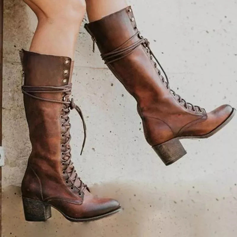 Women's Leather Lace-Up Boots | Side Zip, Stacked Block Heel, Pointed Toe | Mid-Calf Height, 5 Colours