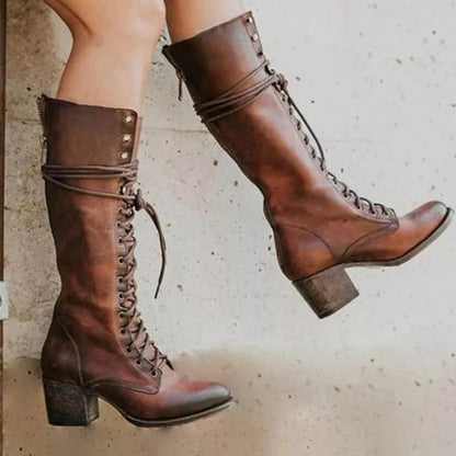 Women's Leather Lace-Up Boots | Side Zip, Stacked Block Heel, Pointed Toe | Mid-Calf Height, 5 Colours
