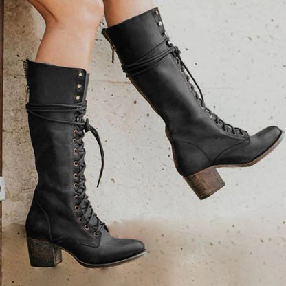 Women's Leather Lace-Up Boots | Side Zip, Stacked Block Heel, Pointed Toe | Mid-Calf Height, 5 Colours