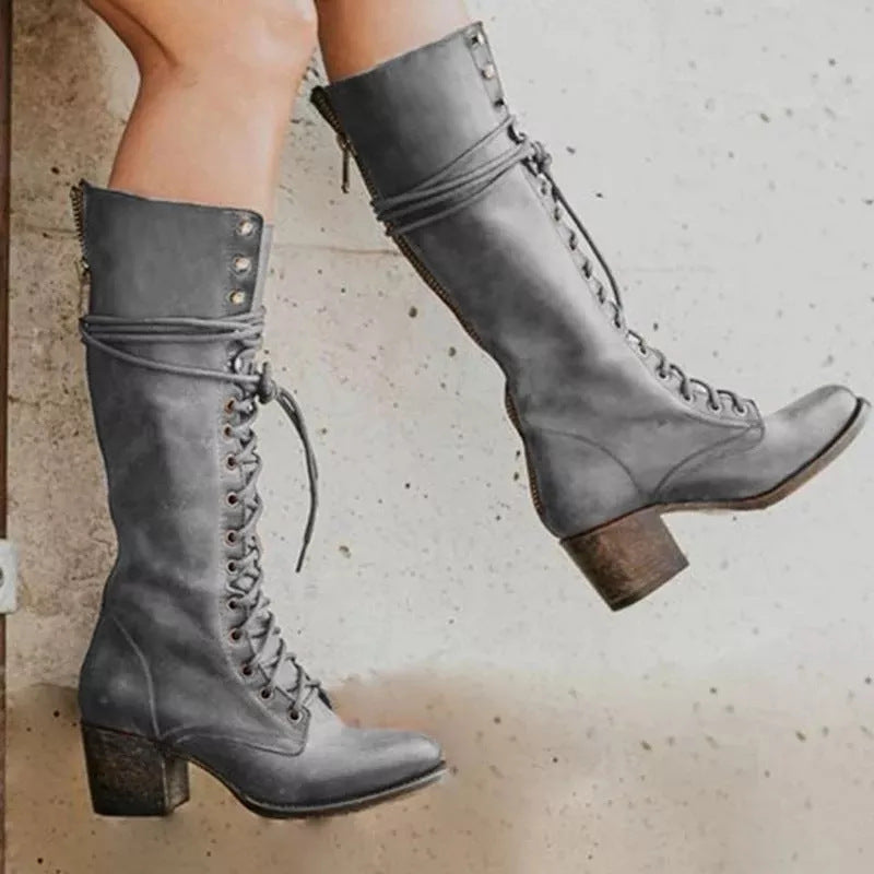Women's Leather Lace-Up Boots | Side Zip, Stacked Block Heel, Pointed Toe | Mid-Calf Height, 5 Colours