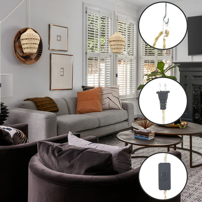 Rattan Plug-In Pendant Light | Woven Boho Shade, 16.4 ft Cord with Switch | E26, Kitchen & Bedroom Hanging Lamp